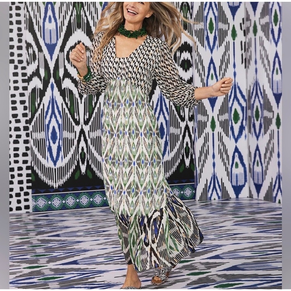 Chicos Ikat Clip Dot Maxi Dress Geo Print V Neck Long Sleeve Tiered Boho 1P/8P - Picture 3 of 14